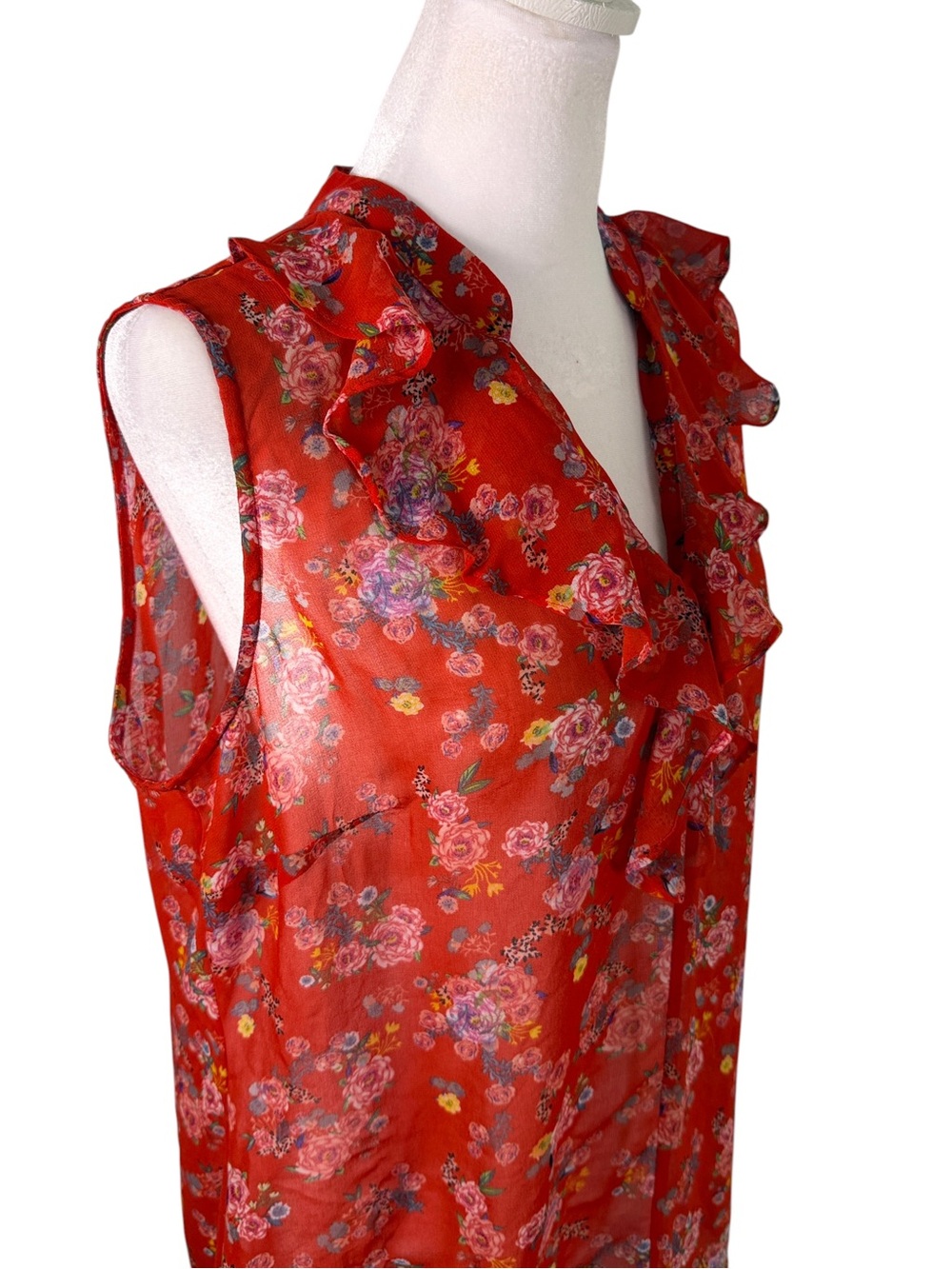 Cabi Red Floral Sheer Ruffle Sleeveless Blouse Top Size M - Picture 3 of 10